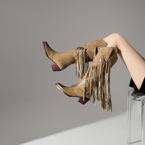 Women's Fashion Pointed Toe Chunky Pull On Knee High Heel Embroidered Tan Boot - Picture 7 of 8